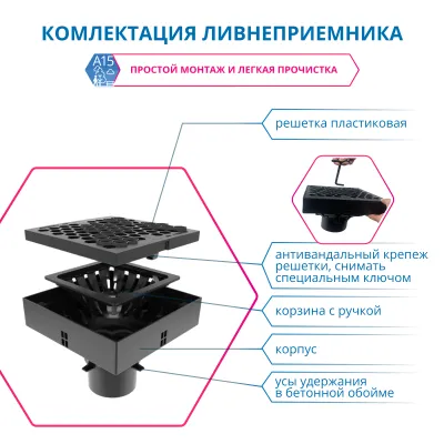 Ливнеприемник Gidrolica ЛП-25.25.20, комплект: корпус, корзина с ручкой, решетка с крепежом пластиковая соты кл. А15